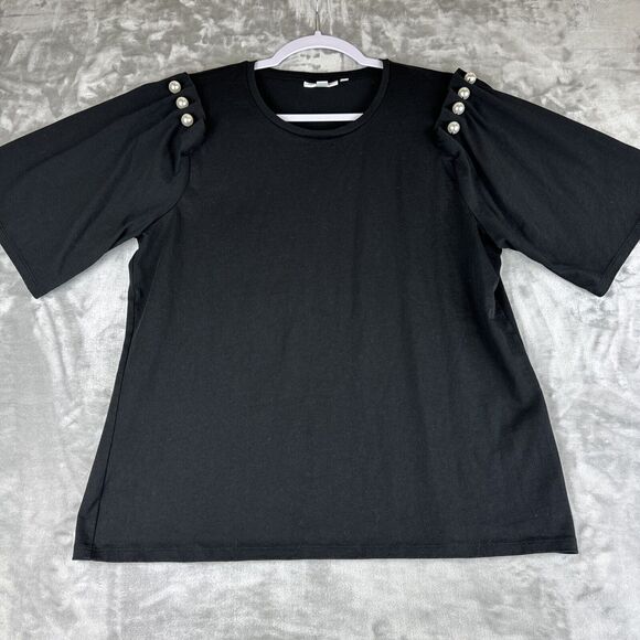 Chicos Shirt Womens 2 Large Black Pearl Shoulders Short Sleeve Stretch‎ (0769) - Picture 1 of 9